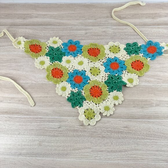 Handmade Crochet Floral Headscarf Boho Triangle Tie Headwrap 20x15 - Picture 2 of 3